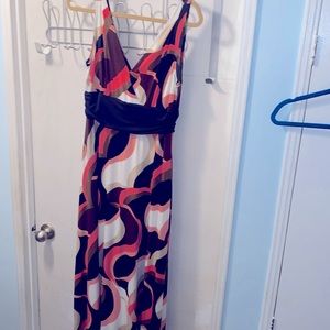 Be Calm size 14 maxi dress tones of brown tan, orange, pink off-white